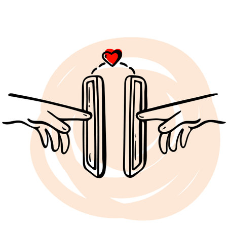 Hands touching through smartphone screens with heart, virtual connection and long distance relationship concept, hand drawn doodle.のイラスト素材