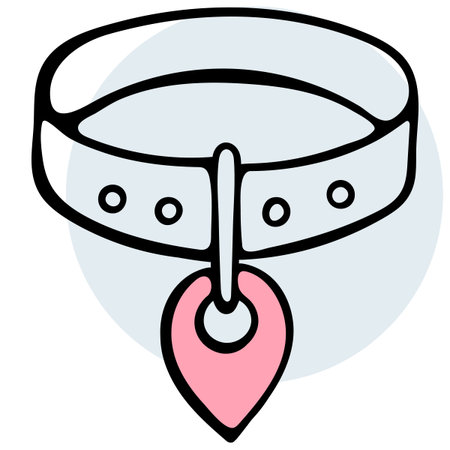 Smart pet collar icon with GPS tracker and map pin tag, electronic tracking device for dog and cat safety, vector hand drawn doodle.のイラスト素材