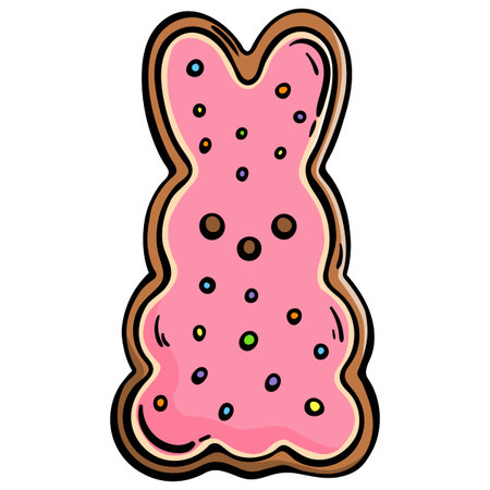 Vegan Easter bunny cookie with pink icing and colorful sprinkles, hand drawn doodle icon of plant...
