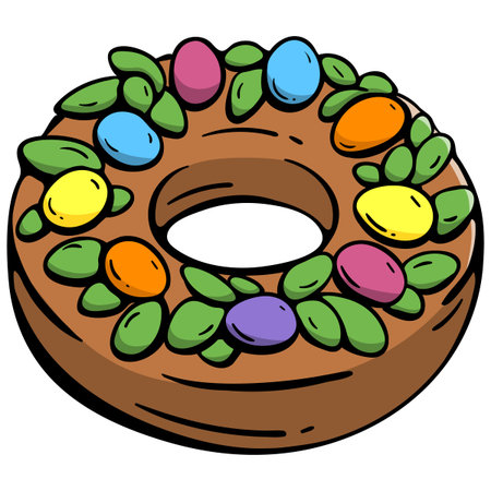 Vegan Easter wreath cake with colorful candy eggs and green leaves, hand drawn doodle icon of plant...