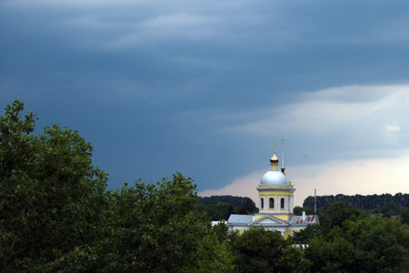 orthodox church domes on stormy sky background