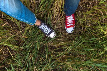 look at legs with blue and red sneakers on green grassの写真素材