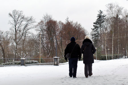 Ukraine Zhytomyr December 23 2020. Middle-aged man and woman walking in snow-covered parkのeditorial素材
