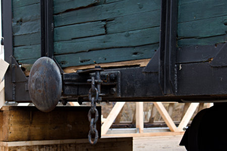 iron items for hitch of old wooden railroad wagonの写真素材