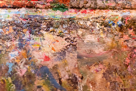 Multicolored abstract. Fragment of artist easel with dried paints on surface