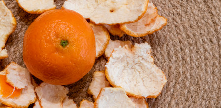Ripe tangerine in the middle of peel close-up on dining tableの写真素材