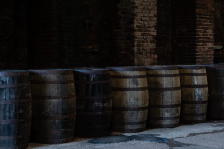 Rows of wooden wine barrels in dark brick warehouse