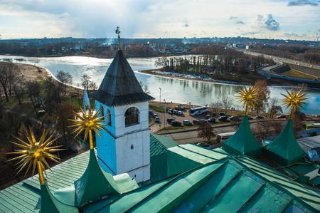 Yaroslavl. Image of ancient Russian city, view from the top. Beautiful house and chapel.の写真素材