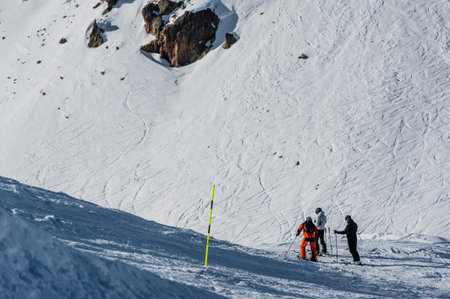 Snowy winter mountains in sun day. Caucasus Mountains, Georgia, from ski resort Gudauriの写真素材