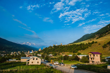 Svan towers in Mestia, Svaneti region, Georgiaの写真素材