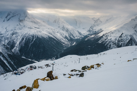 Ski resort Dombay at winter, Karachay-Cherkessia, Russiaの写真素材