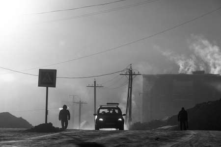SHEREGESH, RUSSIA - DECEMBER 4, 2018: Siberian city Sheregesh at dawn at -29 degrees Celsius.のeditorial素材