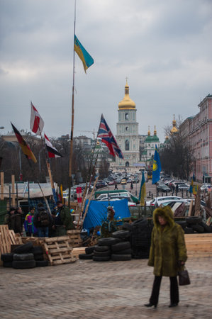 KIEV - FEBRUARY 27: People protest at Maidan Nezalezhnosti Square (EuroMaidan) after Ukraine...