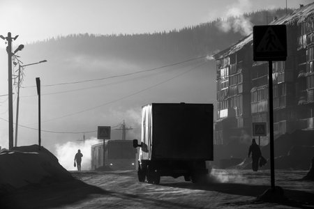 SHEREGESH, RUSSIA - DECEMBER 4, 2018: Siberian city Sheregesh at dawn at -29 degrees Celsius.