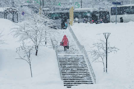 MOSCOW, RUSSIA - FEBRUARY 13, 2019: Girl walk in the park during a snowfall.のeditorial素材