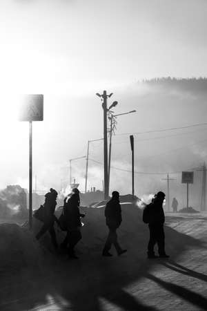SHEREGESH, RUSSIA - DECEMBER 4, 2018: Siberian city Sheregesh at dawn at -29 degrees Celsius.のeditorial素材