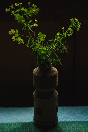 Bouquet of wildflowers in a vase on a dark background.