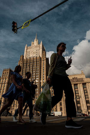 MOSCOW, RUSSIA - JULY 18, 2019: People near the Ministry of Foreign Affairs.のeditorial素材