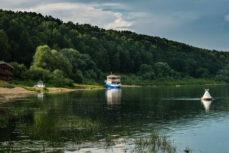 The old ship moored on the bank of the river Oka.の写真素材