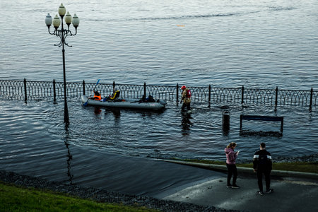 RYBINSK, RUSSIA - MAY 7 2021: Overflow of the Volga river.のeditorial素材