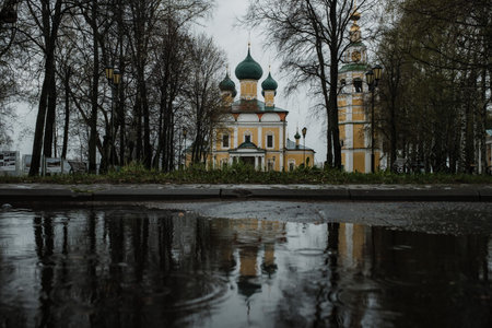 View of the Kremlin in Uglich in rainy weather.