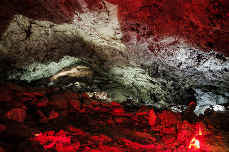 Kungur ice caves in summer with artificial lighting.
