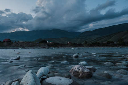 View of Tyungur from the shore of the Katun River in Altai.の写真素材