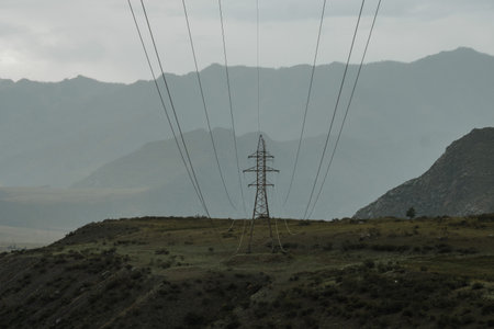 Power line in the mountains of the Altai Republic.の写真素材