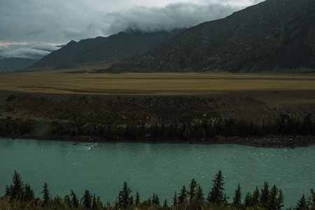 Landscape with a view of the Katun mountain river in the Altai Republic.