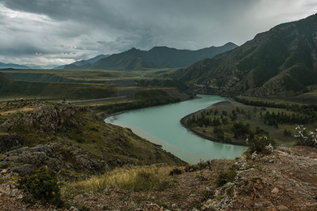 The confluence of the Chuya and Katun rivers in the Altai Mountains.の写真素材