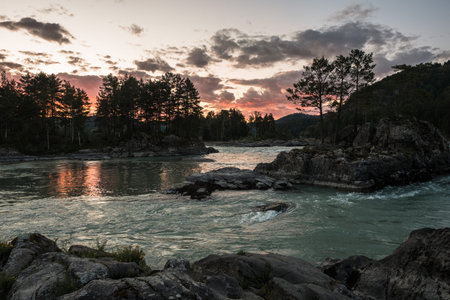 Landscape with a view of the Katun mountain river in the Altai Republic.の写真素材