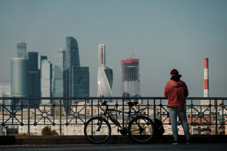 MOSCOW, RUSSIA - OCTOBER 06 2021: A man stands on the observation deck of the Russian Academy of...