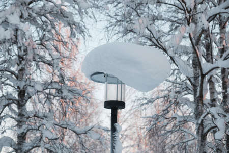 A snow cap on a street lampの写真素材