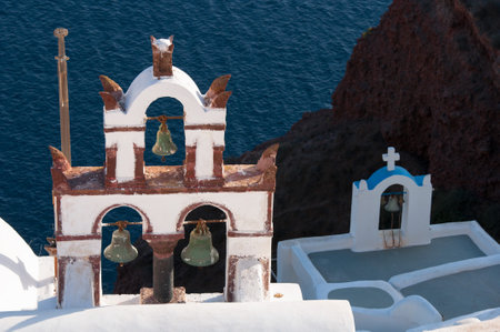 View of the Greek archipelago of Santorini by dayの写真素材