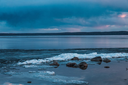 View of Onega Lake at sunset in Medvezhjegorsk