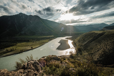 The confluence of the Chuya and Katun rivers in the Altai Mountainsの写真素材