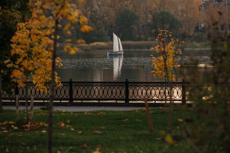 A sailing ship sails down the Kotorosl river in Yaroslavlの写真素材