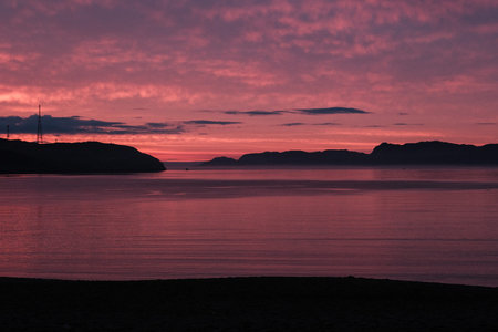 Sunset on the shore of the Barents Sea in Teriberka