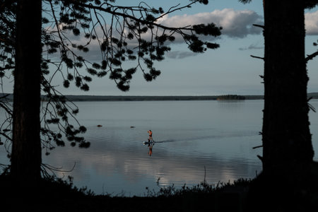 A man rides around the lake on a sup board with his dogの写真素材