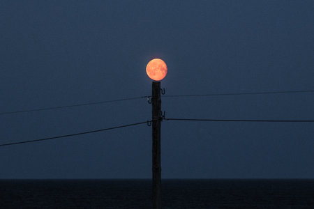 The night moon on top of a power line poleの写真素材