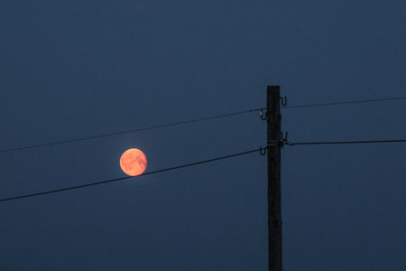 The night moon on top of a power line poleの写真素材