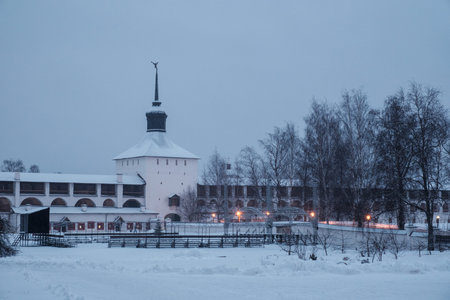 View of the Kirillo-Belozersky Monastery in the evening under artificial light. Vologda region