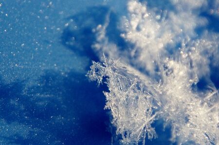 Macro image of crystals of snowflakes on a blue backgroundの写真素材