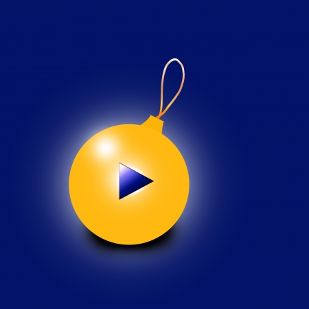 Christmas yellow ball with a blue play button on a blue background.の写真素材