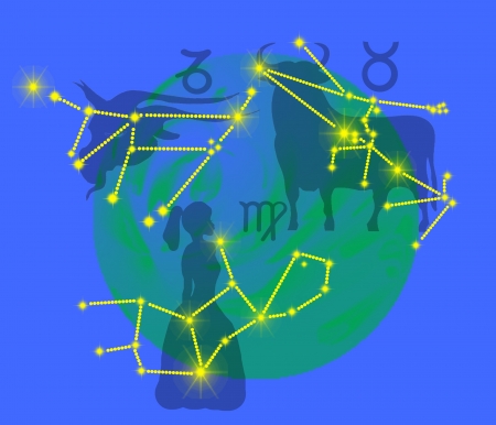 Zodiac sign Capricorn, Taurus, Virgo on a blue background  Land の写真素材