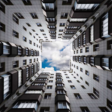 High-rise modern building. Symmetric abstract kaleidoscope from a tall building.のeditorial素材