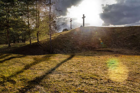 Two crosses in the setting sun.の写真素材
