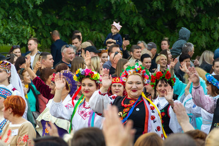 Grodno, Belarus, June 3, 2022 XIII festival of national cultures. Parade in national costumes in the...
