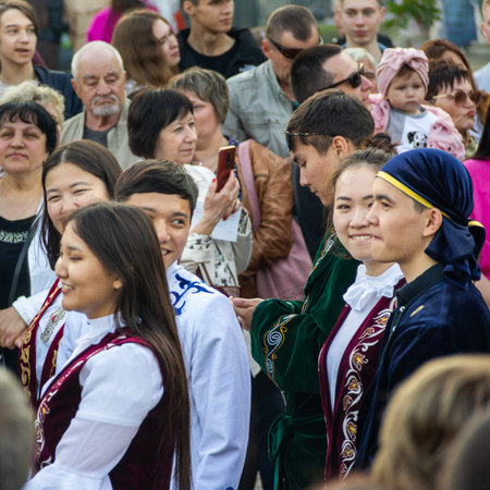 Grodno, Belarus, June 3, 2022 XIII festival of national cultures. Parade in national costumes in the...