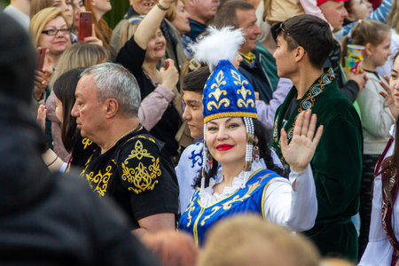 Grodno, Belarus, June 3, 2022 XIII festival of national cultures. Parade in national costumes in the...